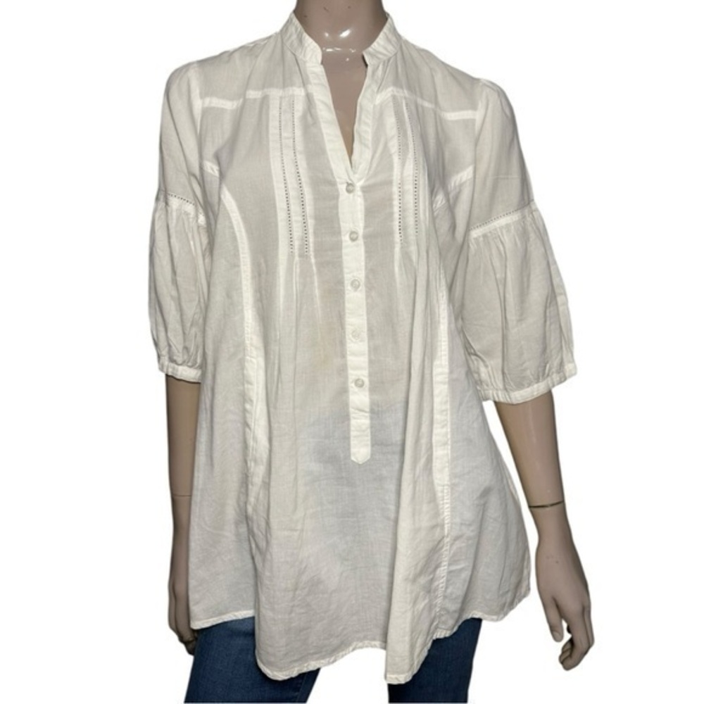 Retro Women’s Size M White Cotton Placket Henley Pocket Front Tunic Shirt